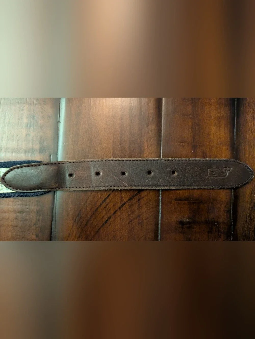 Vineyard Vines Vintage Blue Cotton Silk Whales Logo Leather Casual Belt Size 38